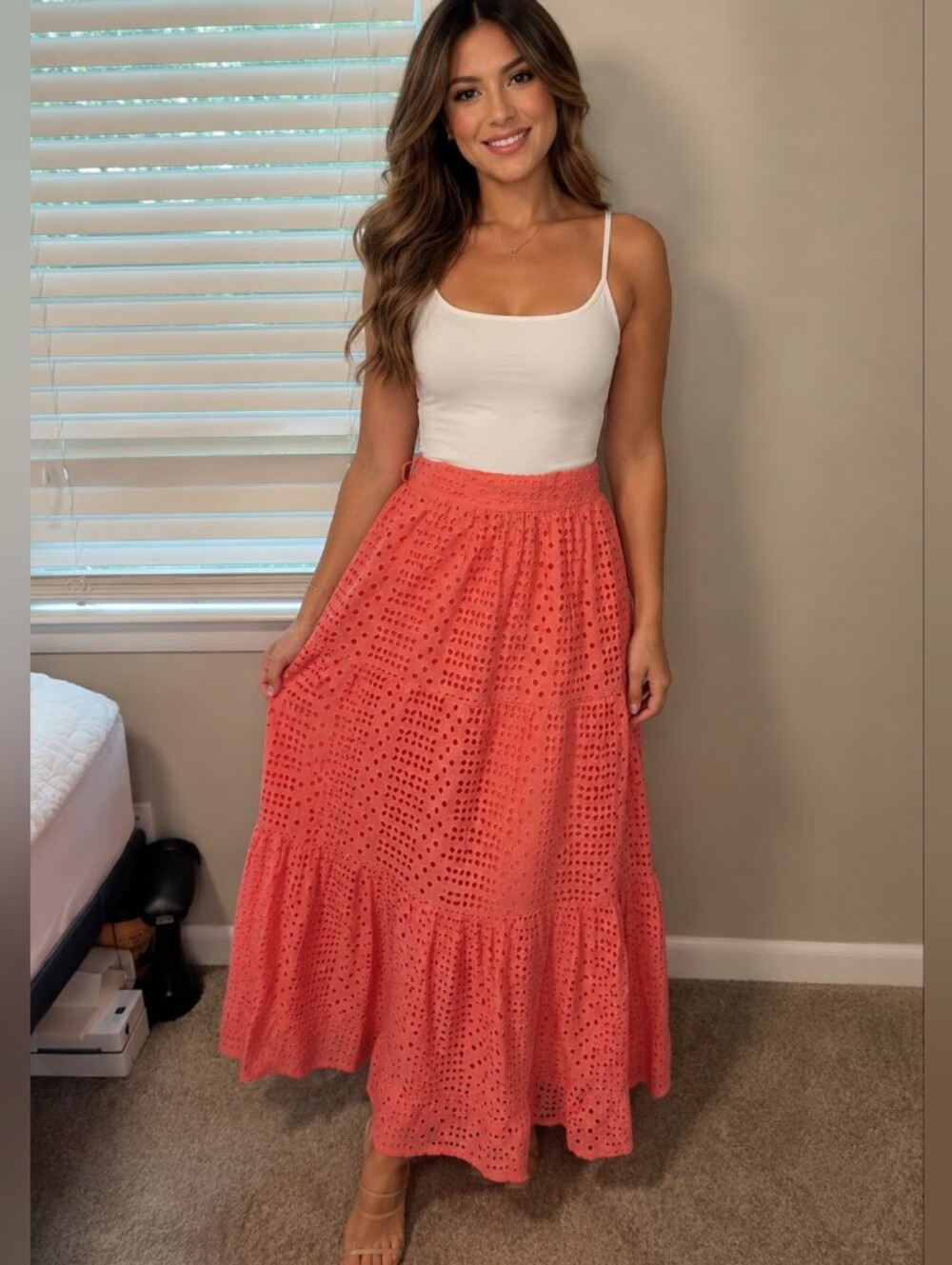 Women's Coral Eyelet Tiered Maxi Skirt